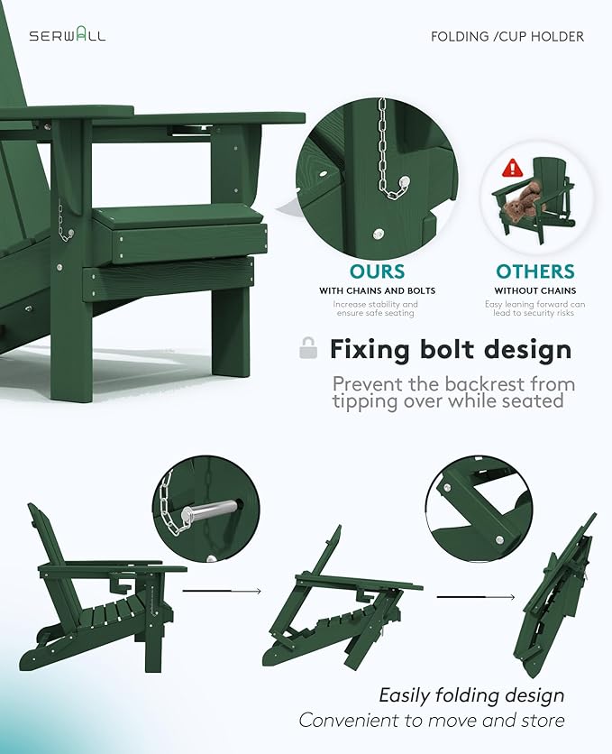 SERWALL Adirondack Chair with Cup Holders - Composite Adirondack Chairs Set of 4 HDPE Outdoor Chairs All Weather Use- Green
