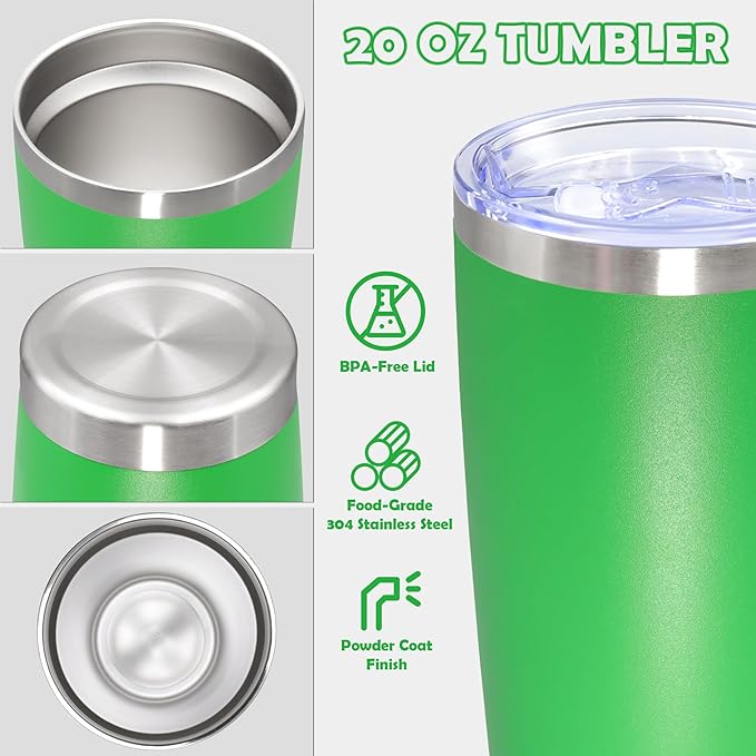 20oz Tumbler Bulk Stainless Steel Tumbler Cup with Lid Vacuum Insulated Double Wall Travel Mug, Durable Powder Coated Travel Coffee Tumbler Mug for Hot & Cold Drinks, Green,8 Pack