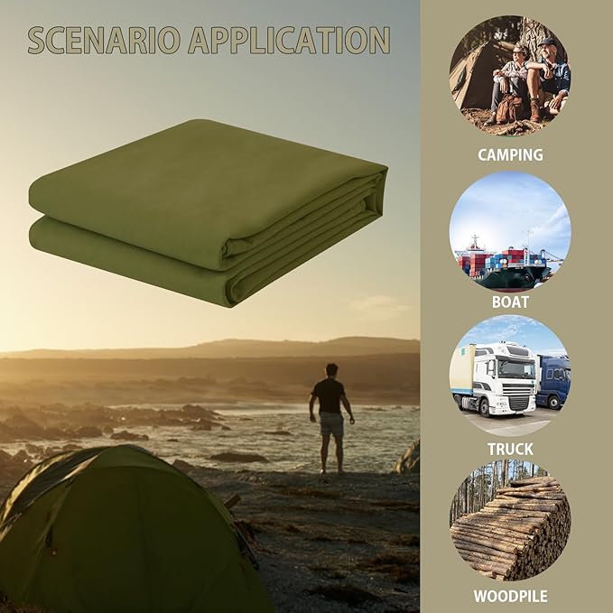 FoundGo Canvas Tarp 10x12ft Heavy Duty Waterproof Tarps with Grommets, UV Resistant, 22 Mil Tarpaulin,14 oz Durable Cloth Covers for Car, Roof, Boat, Camp, Canopy, Woodpile with Ropes-Moss