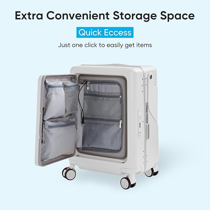 TABU 20" Ride-on Luggage with Seat，Front Opening Carry-On Hardshell Ride On Suitcase with Built-in Charging Port, 360° Lockable Spinner and TSA Lock, for Kids & Adults, White