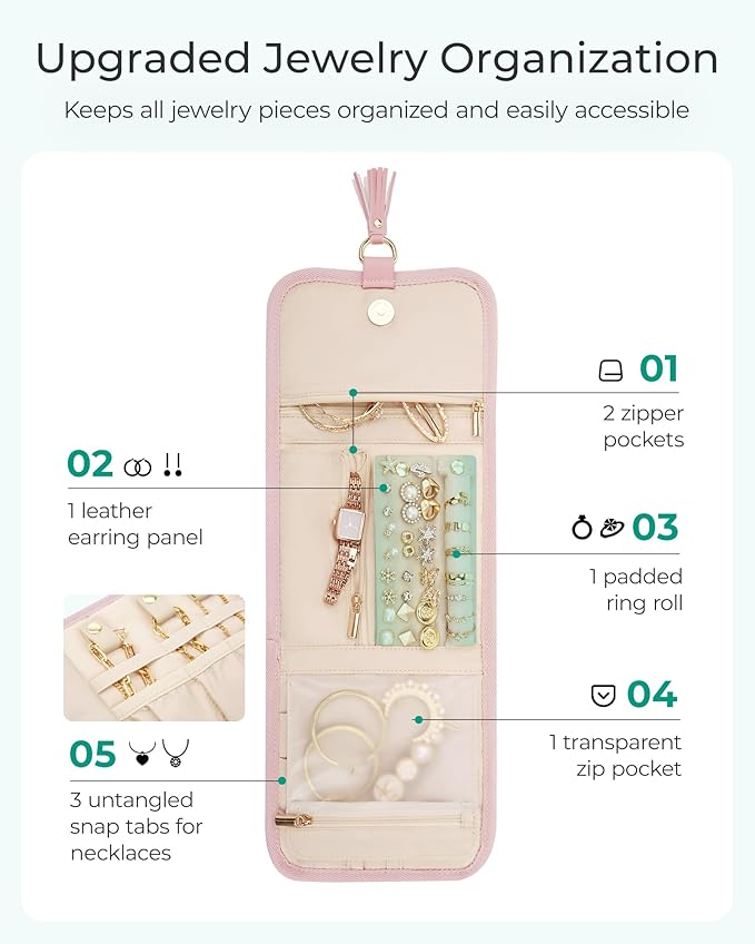 BAGSMART Travel Jewelry Case Organizer, Roll Foldable Jewelry Case for Journey-Rings, Necklaces, Earrings, Bracelets, Brooches, Min, Pink