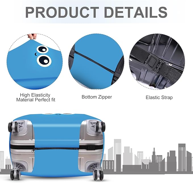 ANNA QUEEN Cute Smiley Face Luggage Cover, Blue Cartoon Suitcase Protector with Big Eyes Design, Stretchable, Washable Travel Cover for 28-30 Inch Luggage