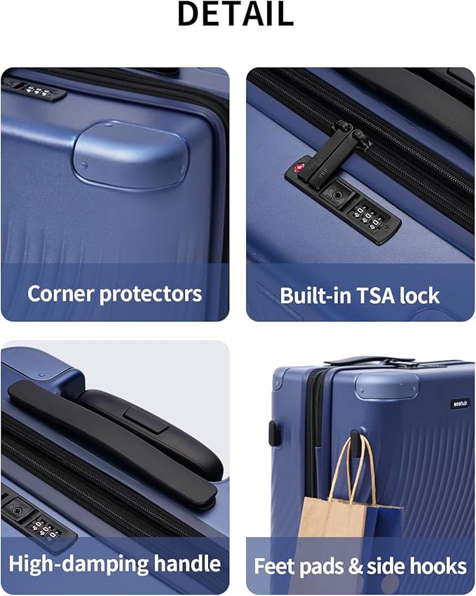 ECOHUB Hardside Expandable Carry On Luggage, Recycled PC 24" Rolling Luggage 26x16x11 Airline Approved with Spinner Wheels & TSA Lock, Lightweight Hardshell Travel Suitcase, 24inch Carry-on Blue