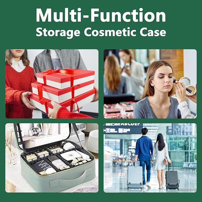 Travel Makeup Bag for Women and Makeup Artists Cosmetic Organizer Large Makeup Case,Travel Makeup Bag with Mirror 3 Color Setting,Portable Storage and Adjustable Dividers(Dark green)