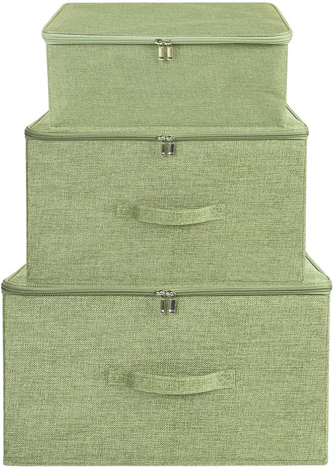 ANMINY 3PCS Storage Bins with Zipper Lids 51.9 Qt Lidded Fabric Storage Boxes Baskets Cubes with Handles Collapsible Washable Cotton Linen Closet Shelf Clothes Organizer - Green, Extra Large