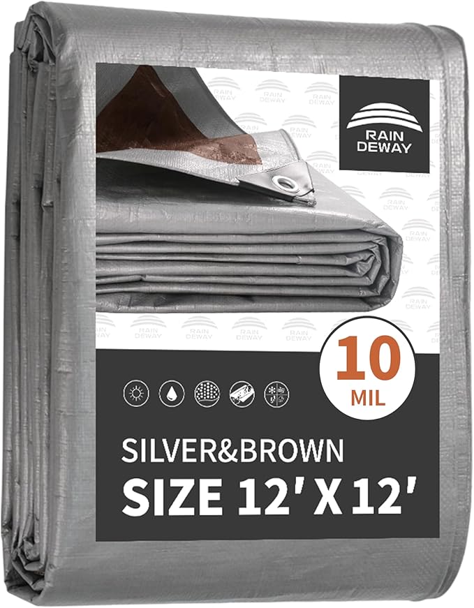 RAINDEWAY Tarps Heavy Duty Waterproof 12x12 Feet, 10Mil Multipurpose Poly Tarp Cover with Metal Grommets and Reinforced Edges, Silver/Brown Tarp