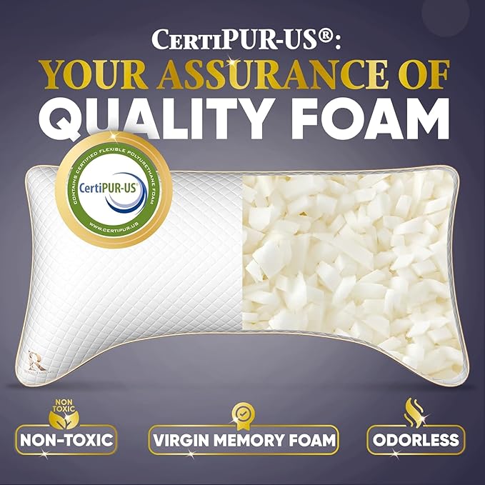 Royal Therapy Queen Memory Foam Pillow, Adjustable Shredded Memory Foam Pillows Queen Odor-Free Pillow for Neck & Shoulder Pain Relief, Support for Back, Stomach, Side Sleepers, BioForm