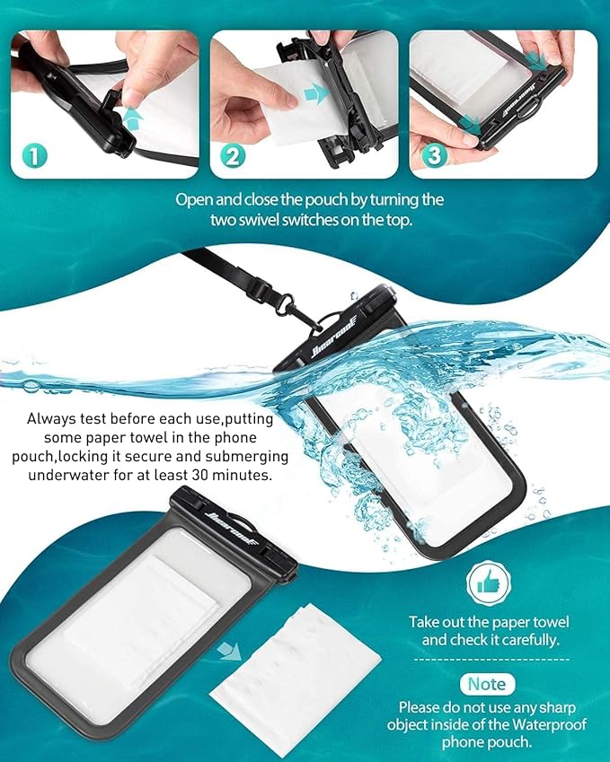 Hiearcool Waterproof Phone Pouch, Waterproof Phone Case, Waterproof Cellphone Pouch Under Water Beach Accessories for iPhone -Black&Orange -2Pack