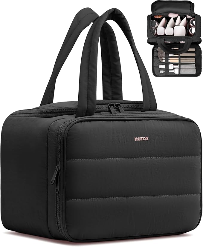 HOTOR Travel Toiletry Bag - Wide-Open Toiletry Bag for Women, Multi-Pocket Makeup Bag for Travel Essentials, Wet & Dry Separation Travel Accessories for Trip, Gym, 12.6" x 6.3" x 8.9", Black