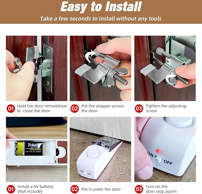 Door Stop Alarm and Adjustable Portable Door Lock Provide Double Security for Home, Hotel and Traveling (1 Door Lock + 2 Door Stop)