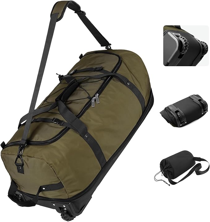 Vomgomfom Wheeled Collapsible Duffel Bag,110L-140L Expandable Checked Luggage, No-Telescopic-Handle with Anti-Burst Zipper & Reinforced Frame,Army Green