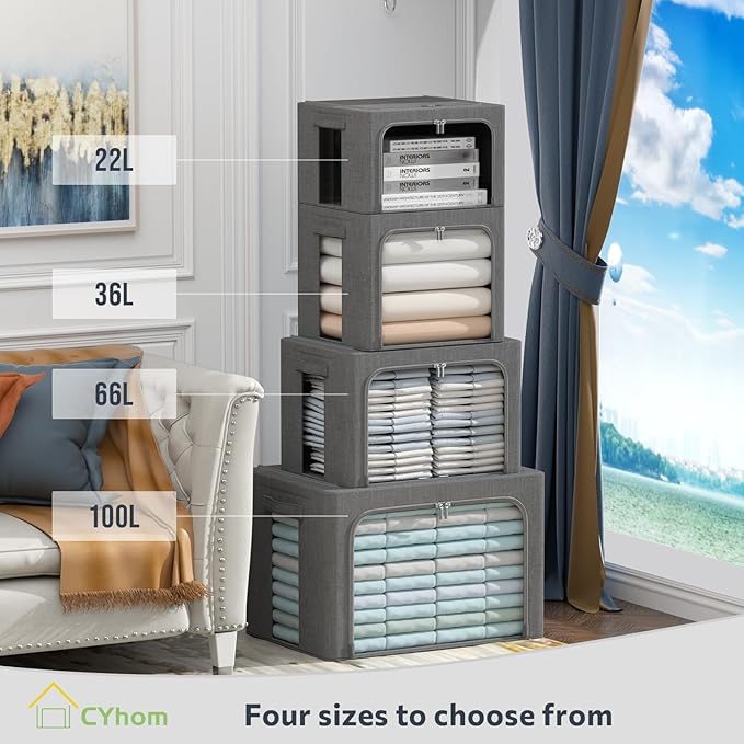 4 Pack Clothes Storage Bins with Metal Frame - Linen Fabric Foldable Stackable Container Organizer Set with Clear Window & Carry Handles & Zippers (Dark Gray, 23.6"x16.5"x15.7")