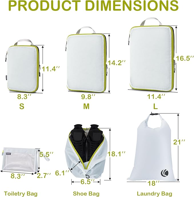 Cipway Compression Packing Cubes Mesh, Lightweight Luggage Organizer Bags with Laundry Bag,Toiletries Bag and Shoe Bag, Travel Essentials for Carry on Suitcase（8Pcs,White）