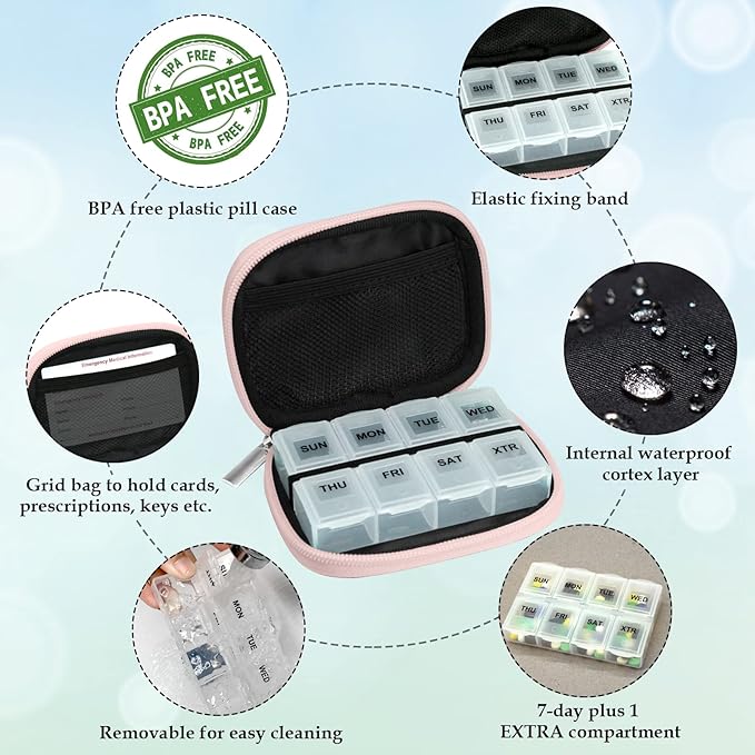 Serfeymi Weekly Travel Pill Organizer Pill Case for Purse with Removable 7 Day Pill Box, Fashionable Travel Medicine Organizer Pill Container for Medicine, Vitamin, Supplement - Pink 01