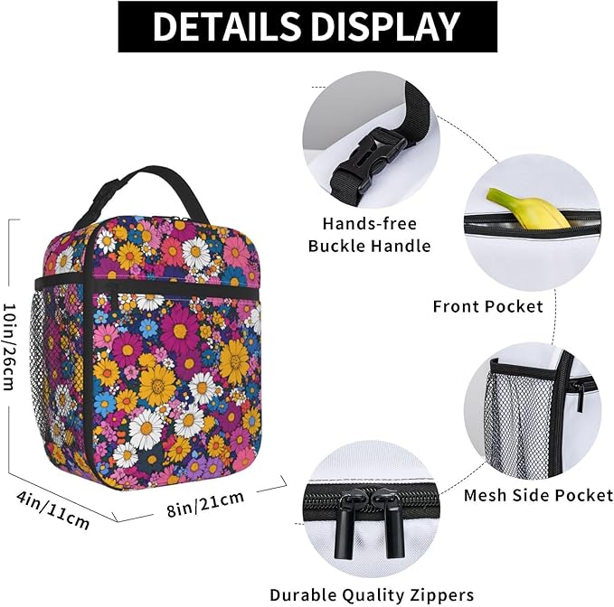 Floral Insulated Lunch Box for Women Men Floral Lunch Bag for Travel,or Fishing Polyester Floral Lunch Box
