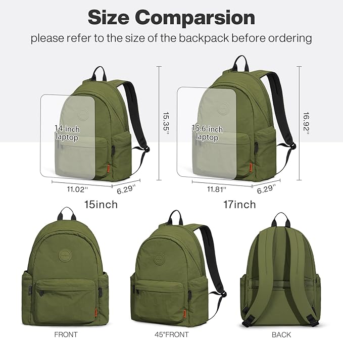 mixi Outdoor Lightweight Backpack Casual Carry On Laptop Backpack Travel Bookbag for Women Men, Water Resistant Durable Small Hiking Bag for Camping Weekender Sports College Work, 15 Inch Jungle Green