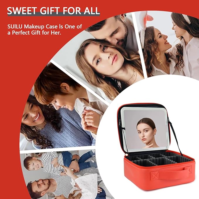 Makeup Bag with Led Mirror,Travel Makeup Organizer with 3 Color Setting, Portable Storage and Adjustable Dividers Travel Makeup Bag(red)