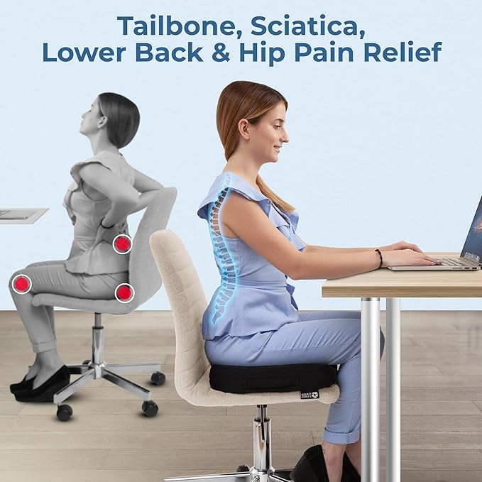 5 STARS UNITED Seat Cushion for Tailbone Pain Relief – Large Memory Foam Cushion for Coccyx, Hip, Sciatica & Post-Surgery Recovery – Wheelchair, Car, Desk, Gaming & Office Chairs, Black