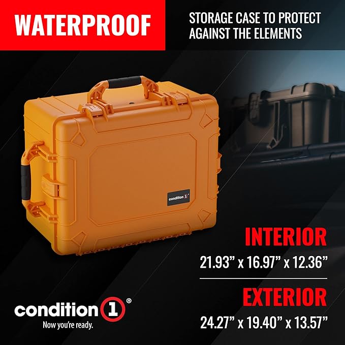 Condition 1 25" Large Heavy-Duty Protective Waterproof Hard Case, Model 024, Portable Storage Box with Customizable Foam, Camera, Tool, Hunting, Made in USA, 24.27"x19.40"x13.57" Orange