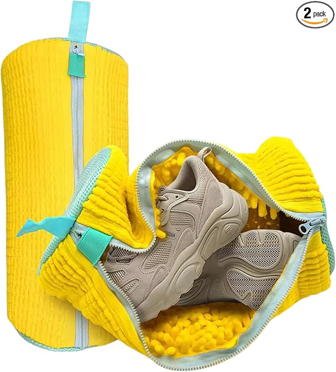 2-Pack Shoe Laundry Bags for Washer & Dryer – Reusable Sneaker laundry Bag with 360° Microfiber Cushion – Anti-Deform, Tear-Resistant, Foldable shoe washing machine bag, 39x19cm – Yellow