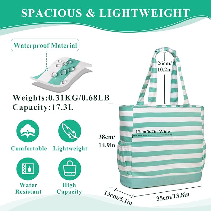 VASCHY Beach Bag for Women, Large Waterproof Sandproof Fold-able Packable Pool Tote Bag w Zipper/Pockets