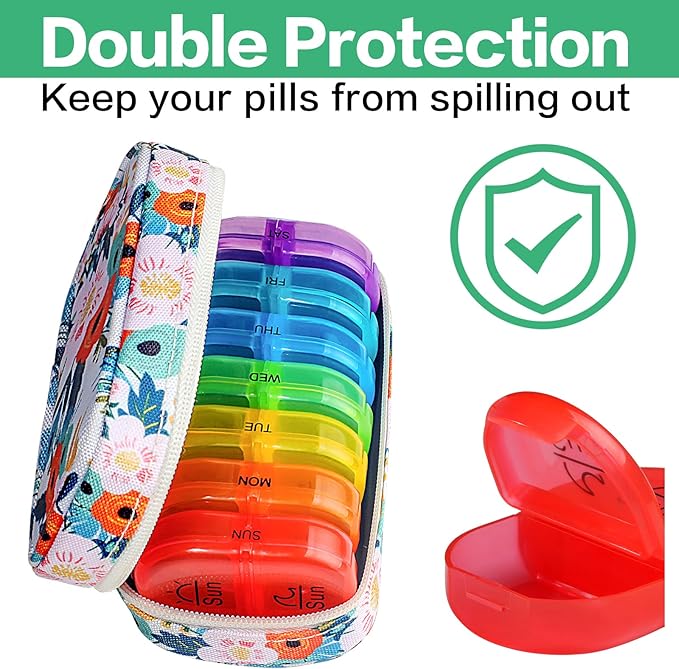 Serfeymi Weekly Travel Pill Organizer 2 Times A Day AM PM Upgraded Rainbow Pill Box 7 Day with Portable Zipper Canvas Pill Case, Medicine Organizer for Pills, Vitamins, Fish Oils - Bloom 01