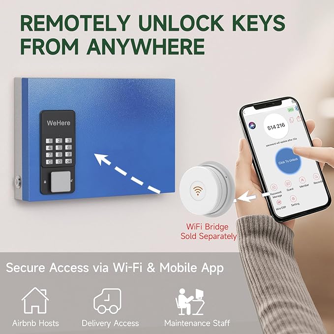 WeHere 16 Key Lock Box Wall Mount, APP Bluetooth/One Time Password Share/Wi-Fi Remote/Fixed Code/Key Unlock, Smart Key Cabinet, Key Organizer Box for Apartment, Hotel, Office, House Key Manage