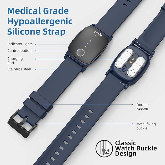 EmeTerm Explore FDA-Cleared Anti-Nausea Wristband IP67 Waterproof Morning Motion Sickness Relief Band Rechargeable Classic Strap Design Drug Free Non-drowsy Without Side Effects Navy Blue