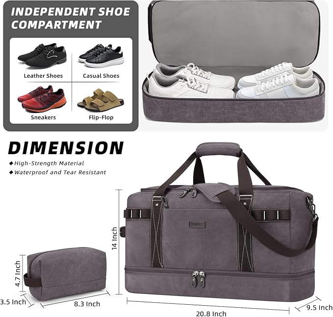 ZOMFELT Travel Duffle Bag for Men Women, Waterproof Canvas Overnight Duffel Bag with Removable Dividers & Shoe Compartment, Carry On Weekender Gym bag, Multi-Pocket & Vintage Design (Washed Grey)
