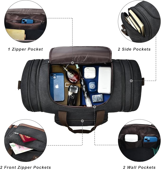 Litvyak Duffle Bag for Travel, 50L Canvas Travel Duffel Bags Overnight Weekend Gym Carry On Luggage Bag for Men & Women(Black+Toiletry Bag)