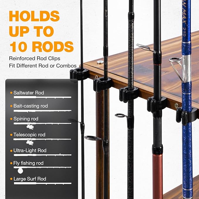 Ghosthorn Fishing Rod Holders for Garage Fishing Pole Rack Hold up to 10 Rods Fishing Pole Holders Wooden Organizer Fishing Rod Rack car Fishing Gear Storage Equipment (3 Tier)