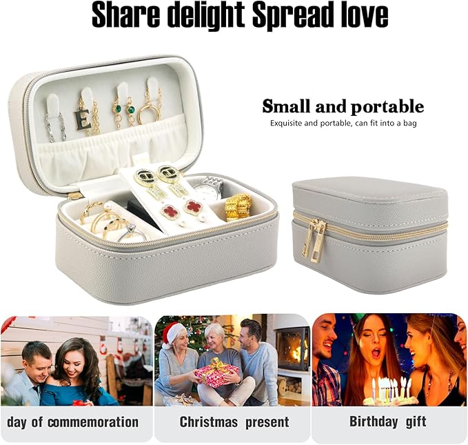 Travel Jewelry Case Small Suitable For Jewelry Organizers and storage In A Carry-on Handbag, PU Leather, Sturdy And Smooth Gold Metal Zipper, Travel Essential Gray Small Jewelry Box