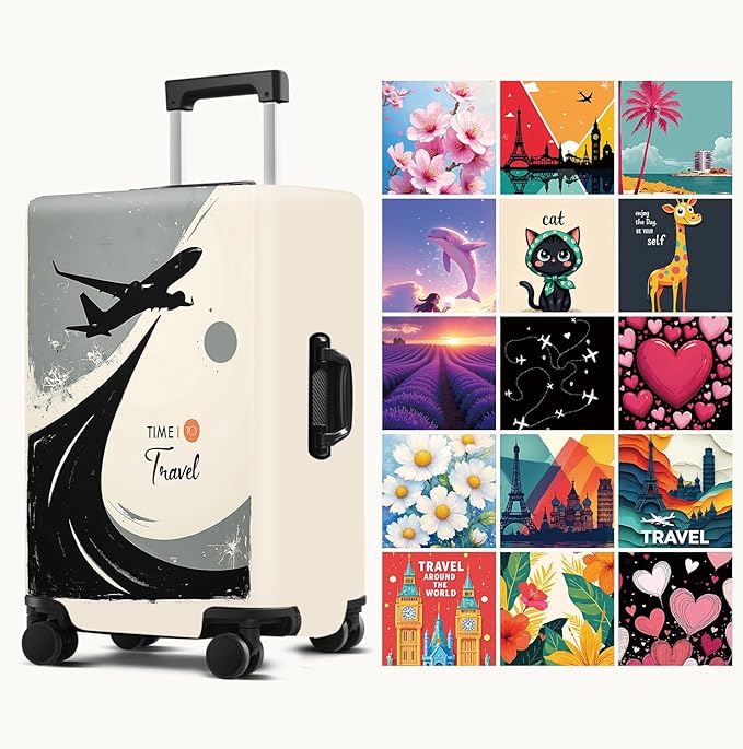 Suitcase Cover with Time to Travel Design, Luggage Protector, Fit for 24-26Inch Luggage Durable Travel Bag Cover with Zipper Closure