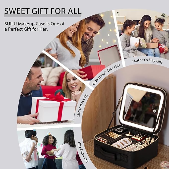 Makeup Bag with Led Mirror,Travel Makeup Organizer with 3 Color Setting & Jewelry storage box, Portable Storage and Adjustable Dividers Travel Makeup Bag(Black)