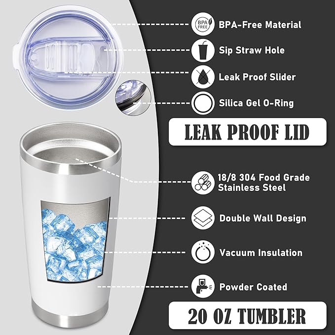 20 oz Tumbler Coffee Tavel Tumblers Bulk with Lid Stainless Steel Double Wall Vacuum Insulated Mug Powder Coated Cups fit Car Cupholder for Hot and Cold - White, 8Pack