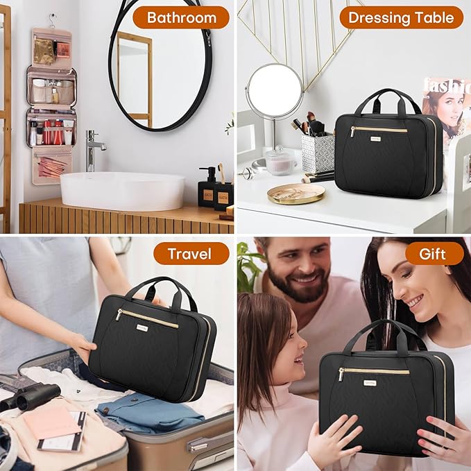Hanging Toiletry Bag for Women Travel, 2 Sizes Large & Small Waterproof Cosmetic Organizer with 4 Compartments, Rotating Hook, Foldable Pink Travel Bag for Toiletries & Makeup - Large Black