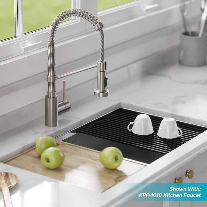 KRAUS Kore Workstation 32-inch Undermount 16 Gauge Stainless Kitchen Sink, Single Bowl Kitchen Sink with 3/4 HP Garbage Disposal, KWU110-32-100-75MB