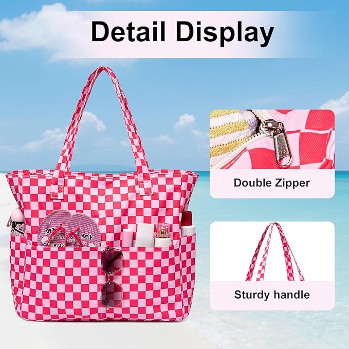 LEDAOU Large Beach Tote Bag Women Waterproof Sandproof Zipper Beach Tote Bag for Pool Gym Grocery Travel with Wet Pocket