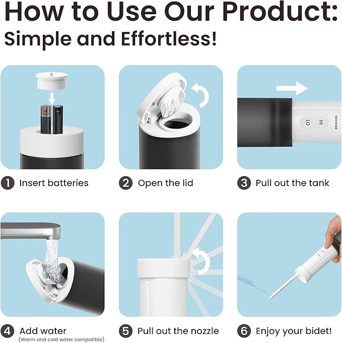 VOVO Go Portable Electric Bidet for Travel - 2 Adjustable Pressure Settings, Compact Handheld Bidet, Ideal for Personal Hygiene & Postpartum Care, Lightweight & Leak-Proof Design - 140ml, Black