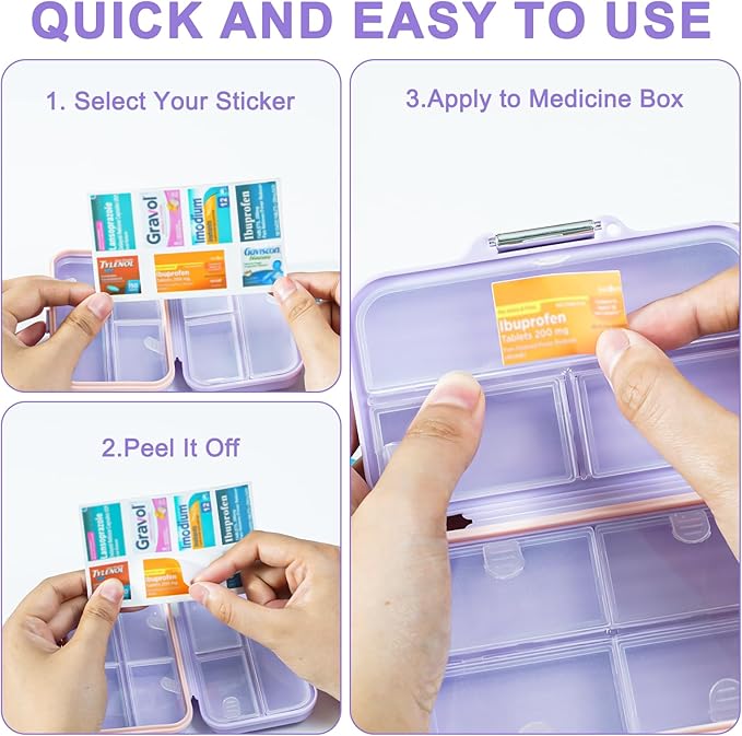 Travel Pill Organizer Box with Medicine Labels, 7 Compartments Portable Pill Case, Daily Medication Organizer Storage Pill Container for Pocket Pharmacy(Purple, L)