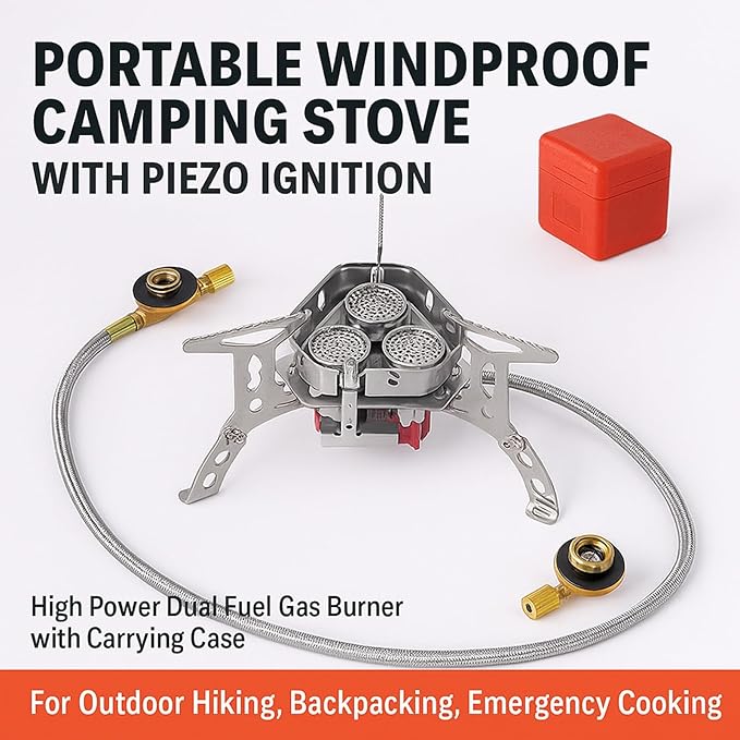 Windproof Camping Stove, Portable Camping Stove with Piezo Ignition, Collapsible Design with Carrying Casefor Outdoor Hiking, Backpacking, Picnic & Emergency Cooking (9900W)
