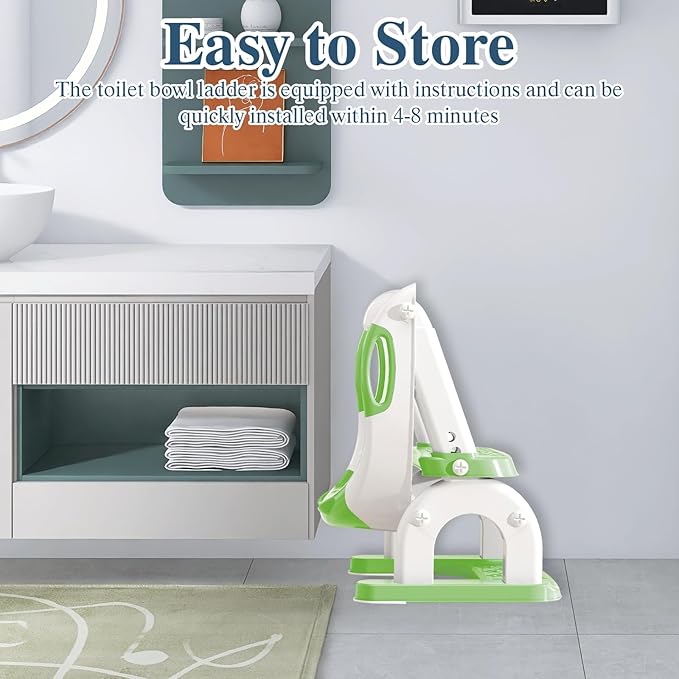 Potty Training Seat for Toddlers, Adjustable Height 2-in-1 Potty Training Toilet Ladder for Kids Boys Girls with Splash Guard, Waterproof Cushion, Anti-Slip Pad Step Stoo - Green