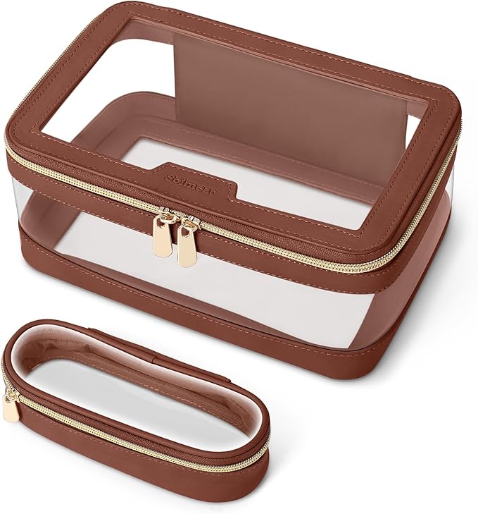 Travel Clear Makeup Bag with Makeup Brush Bag, Leather Makeup Case Toiletry Bag, Portable Cosmetic Bag Case, Transparent Waterproof Cosmetic Organizer Storage Bag for Women, Brown