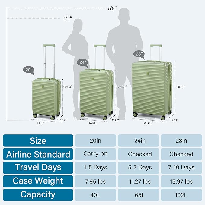 Hard Shell Suitcases Travel Expandable Luggage, 24 Inch Check in Luggage with Spinner Wheels Cup Holder Charger Built in, Checked Medium Suitcase Lightweight Suitcases, Bamboo Green