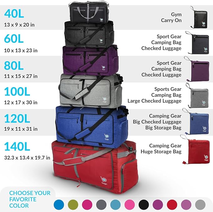 Bago Foldable Duffel Bags for Traveling Women & Men - 60L Medium Packable Duffle Bag for Travel with Shoe Compartment - Water Repellant, Heavy Duty, Lightweight Folding & Collapsible (SnowDepPurple)
