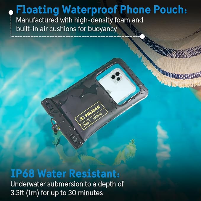Pelican 4 Pack Marine - IP68 Waterproof Phone Pouch (XL Size) Floating Waterproof Phone Case - Beach Cruise Ship Travel Essentials - Works with All Phones - Detachable Lanyard - Black/Hi-Vis Yellow