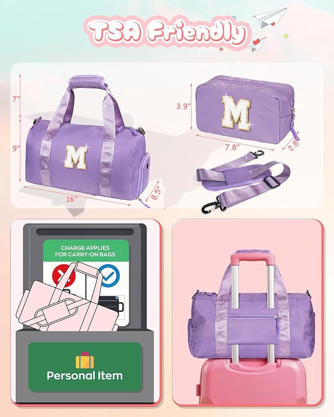 Cool Stuff for Teen-Girl Gym Bag with Shoe Compartment, Kid Personalized Weekender Overnight Bags, Initial Travel Tote with Makeup Pouch, Gift for 7 8 9 10 11 12 Year Old Girls (Letter S)