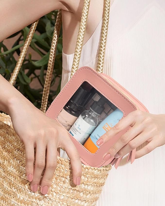 Small Clear Makup Bag, Clear Cosmetic Bags with Zipper Waterproof Small Travel Cosmetic Case Cute Make Up Pouch Mini Car Essentials for Women Travel Car Organizer (Mini Pink)