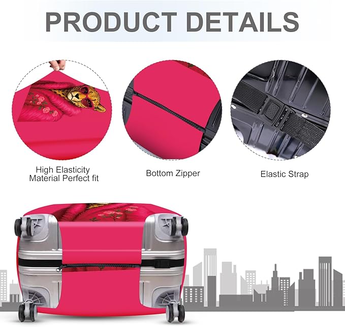 ANNA QUEEN Fashionable Leopard Luggage Cover, Leopard in Pink Coat and Sunglasses, Stretchable, Washable Travel Sleeve for 28-30 Inch Luggage