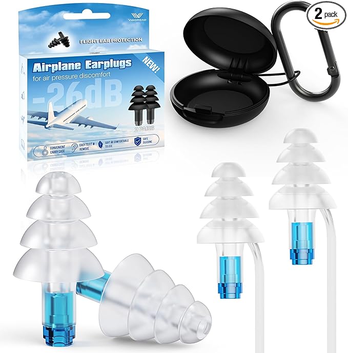 Ear Plugs for Airplane Pressure Relief, 2 Pairs Kids 6+, Adults/Small Canal Reusable Airplane Earplugs 26dB, with Silicone Connector Cord, Travel Essentials for Flying, Ear Protection Earplugs